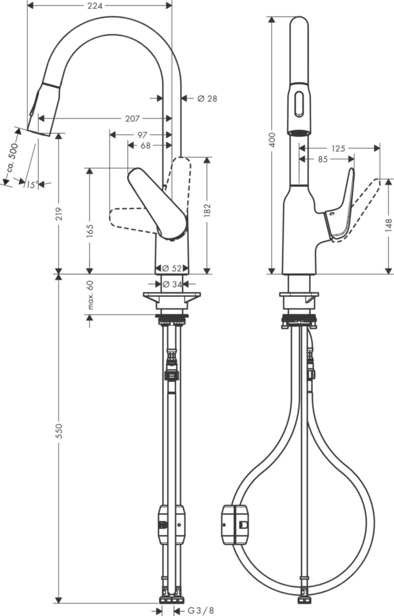 hansgrohe Focus M42 Mitigeur de cuisine 220, avec douchette extractible 2 jets, Chrome