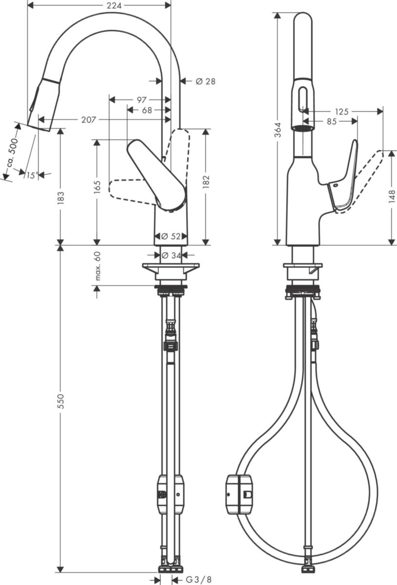 hansgrohe Focus M42 Mitigeur de cuisine 180, avec douchette extractible 2 jets, Aspect acier inox