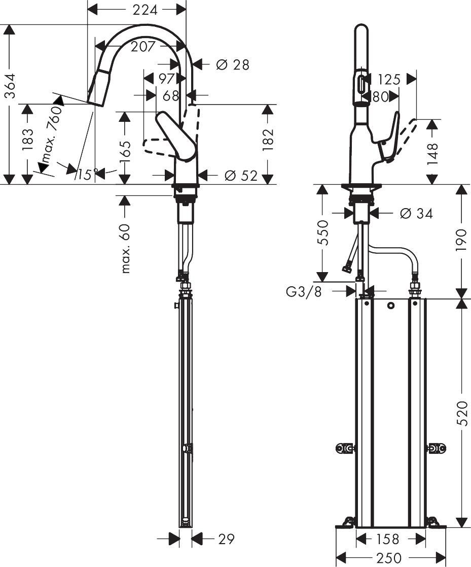 hansgrohe Focus M42 Mitigeur de cuisine 180, avec douchette extractible 2 jets, sBox, Aspect acier inox