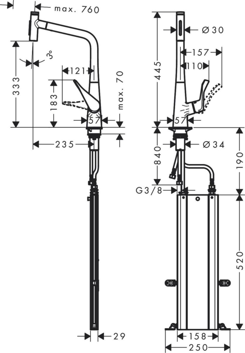 hansgrohe Metris Select M71 Mitigeur de cuisine 320, avec douchette extractible 2 jets, sBox, Chrome