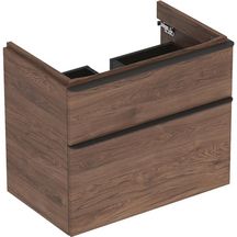 Meuble bas Geberit Smyle Square pour lavabo, avec deux tiroirs: Largeur 73.4cm, Hauteur 61.7cm, Profondeur 47cm, Noyer Carya/mélamine structuré bois, gris velouté / thermopoudré mat