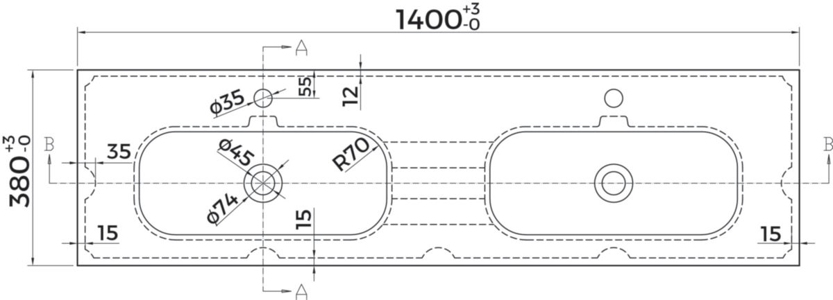 Plan vasque synthèse 140cm Alterna Plénitude double vasque Profondeur 38cm