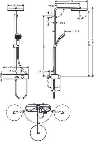 hansgrohe Pulsify S Colonne de douche 260 1jet EcoSmart avec mitigeur thermostatique ShowerTablet Select 400, Bronze brossé