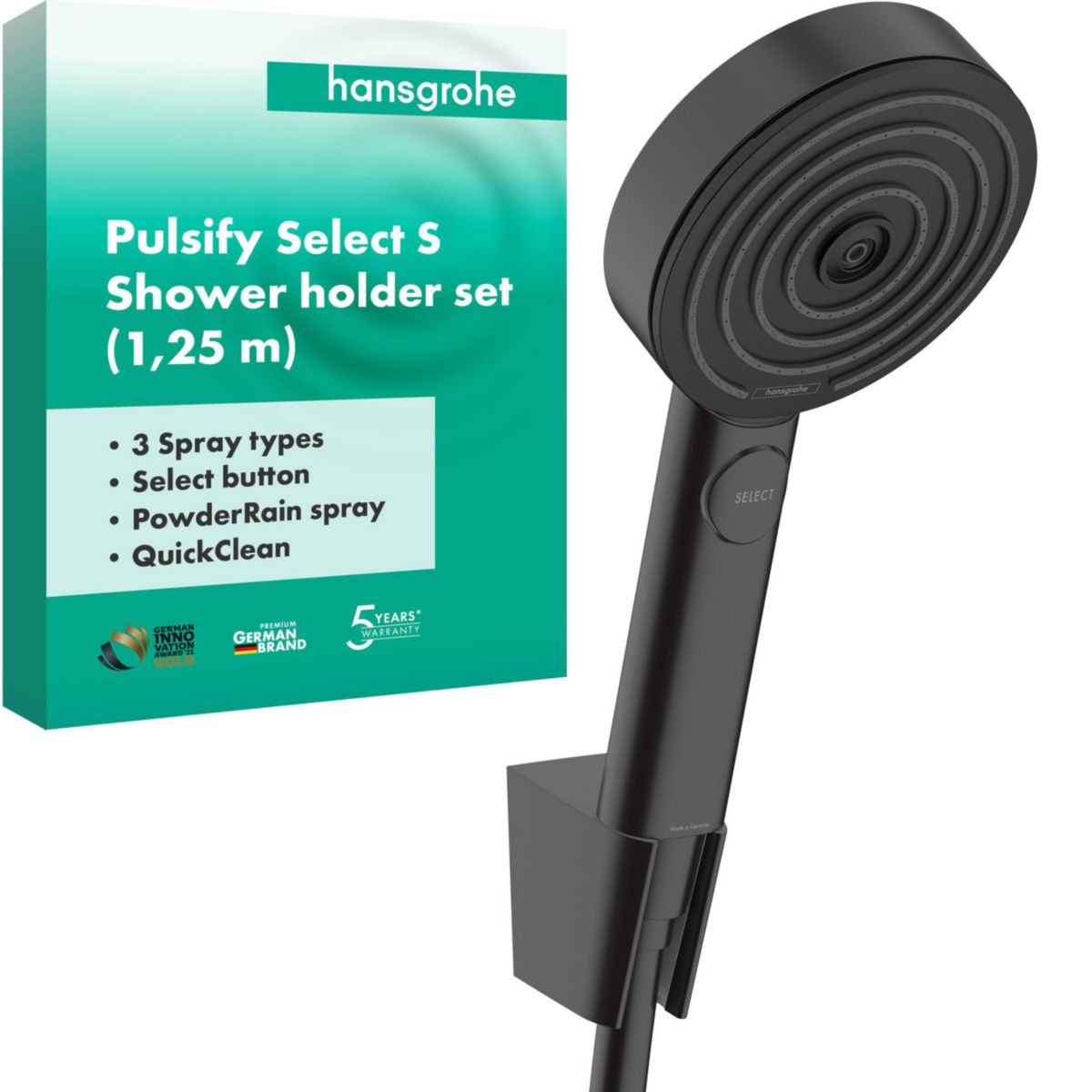 hansgrohe Pulsify Select S Ensemble support mural et douchette 105 3jet Relaxation avec flexible 125 cm, Noir mat