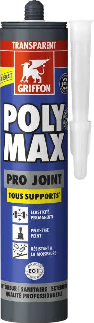 Mastic d'étanchéité premium multifonctionnel POLYMAX PRO JOINT transparent pour applications intérieures, extérieures et sanitaires, cartouche de 280 ml Réf.7004982