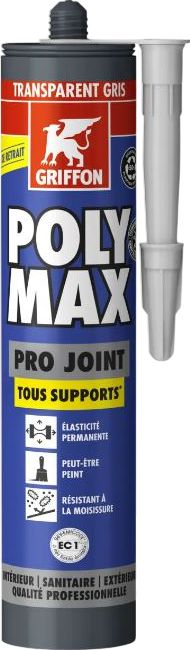 Mastic d'étanchéité premium multifonctionnel POLYMAX PRO JOINT gris transparent pour applications intérieures, extérieures et sanitaires, cartouche de 280 ml Réf.7004983