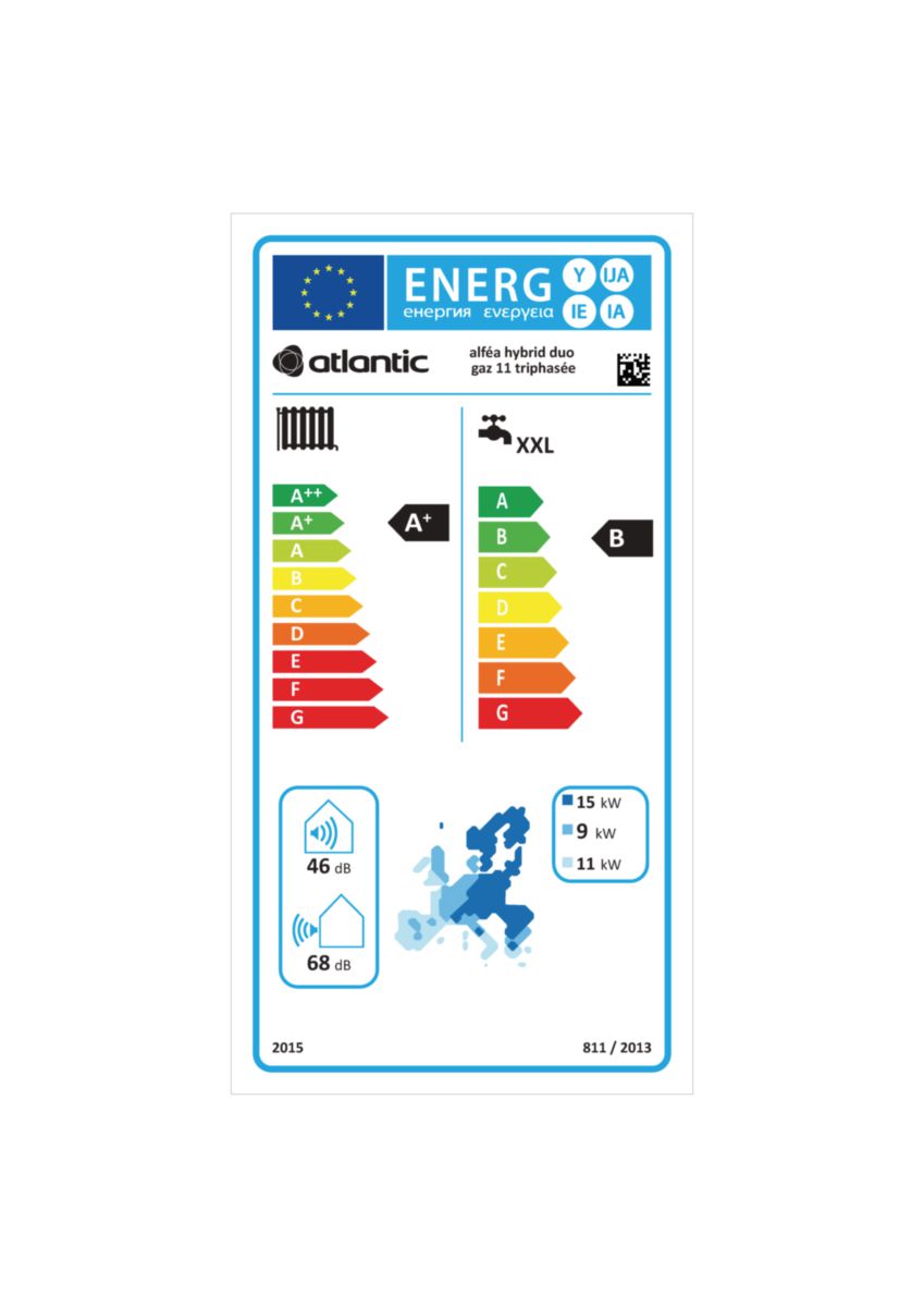 Pompe à chaleur hybride. avec appoint gaz condensation intégré. Split inverter Air-eau Alféa Hybrid Duo Gaz Calo : 10.8 kW 400 V Tri Classe énergétique ECS B réf. 522473