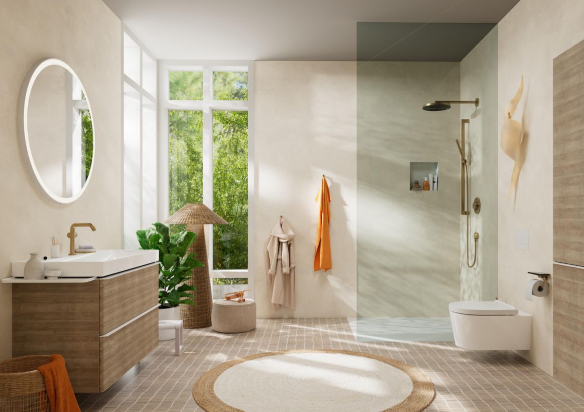 hansgrohe Xelu Q Meuble bas pour plan vasque 980/475 avec 2 tiroirs, caisson Chêne clair naturel, Finition de la poignée: Blanc mat