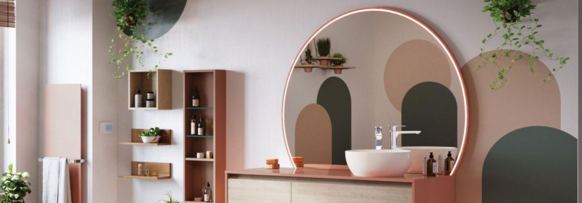 Miroir Moon+ diamètre 140 cm avec cadre laqué satiné bois de rose et éclairage périphérique réf : 905067-2447