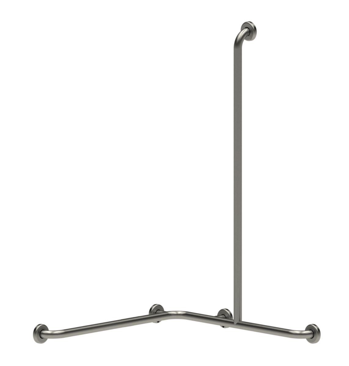 Cette barre de douche d'angle avec barre verticale facilite le maintien des PMR lors de la toilette. Barre en inox brossé de diamètre 32 mm. 5 points de fixeation. 750 x 1150 mm. Compatible avec coulisseau 60471.Modèle droit.