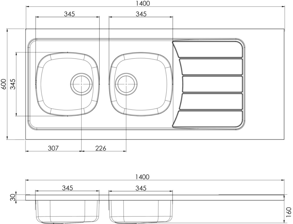 Evier à poser ISEO 1400 2 cuves inox 18/10 nu, Lisse