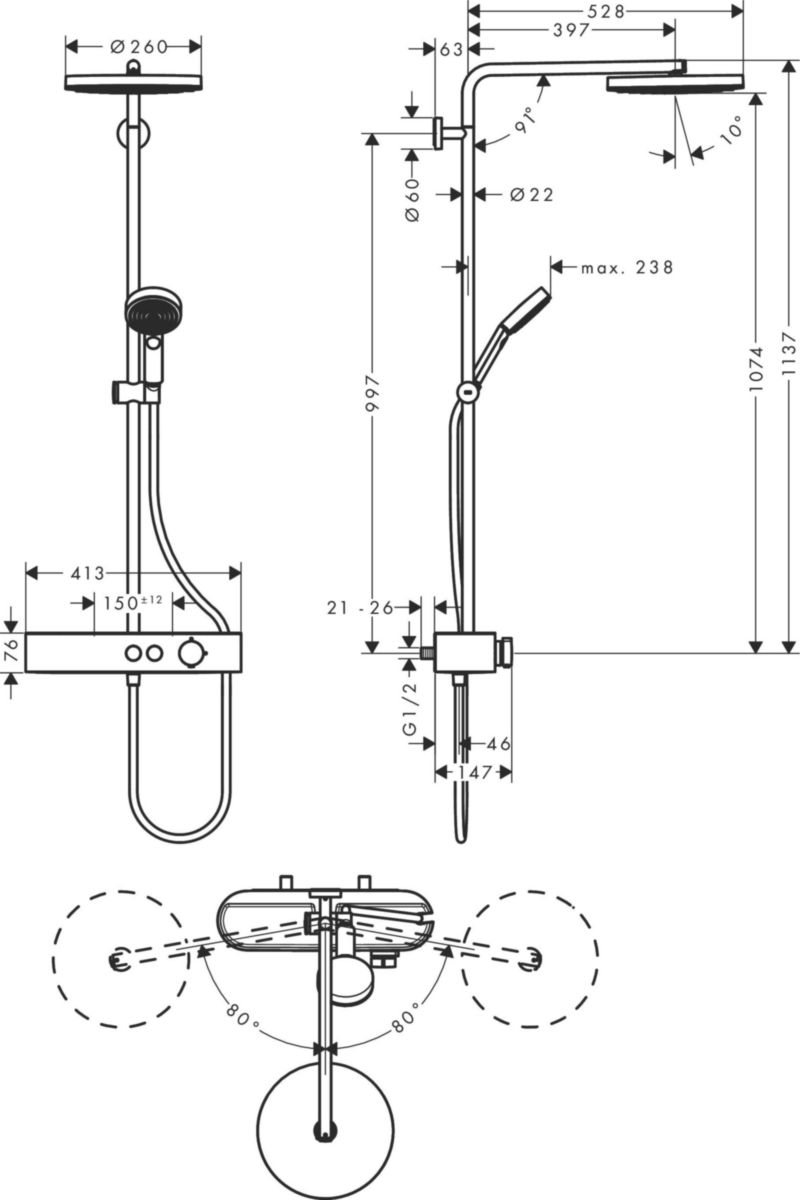 hansgrohe Pulsify S Colonne de douche 260 1jet EcoSmart avec mitigeur thermostatique ShowerTablet Select 400, Bronze brossé