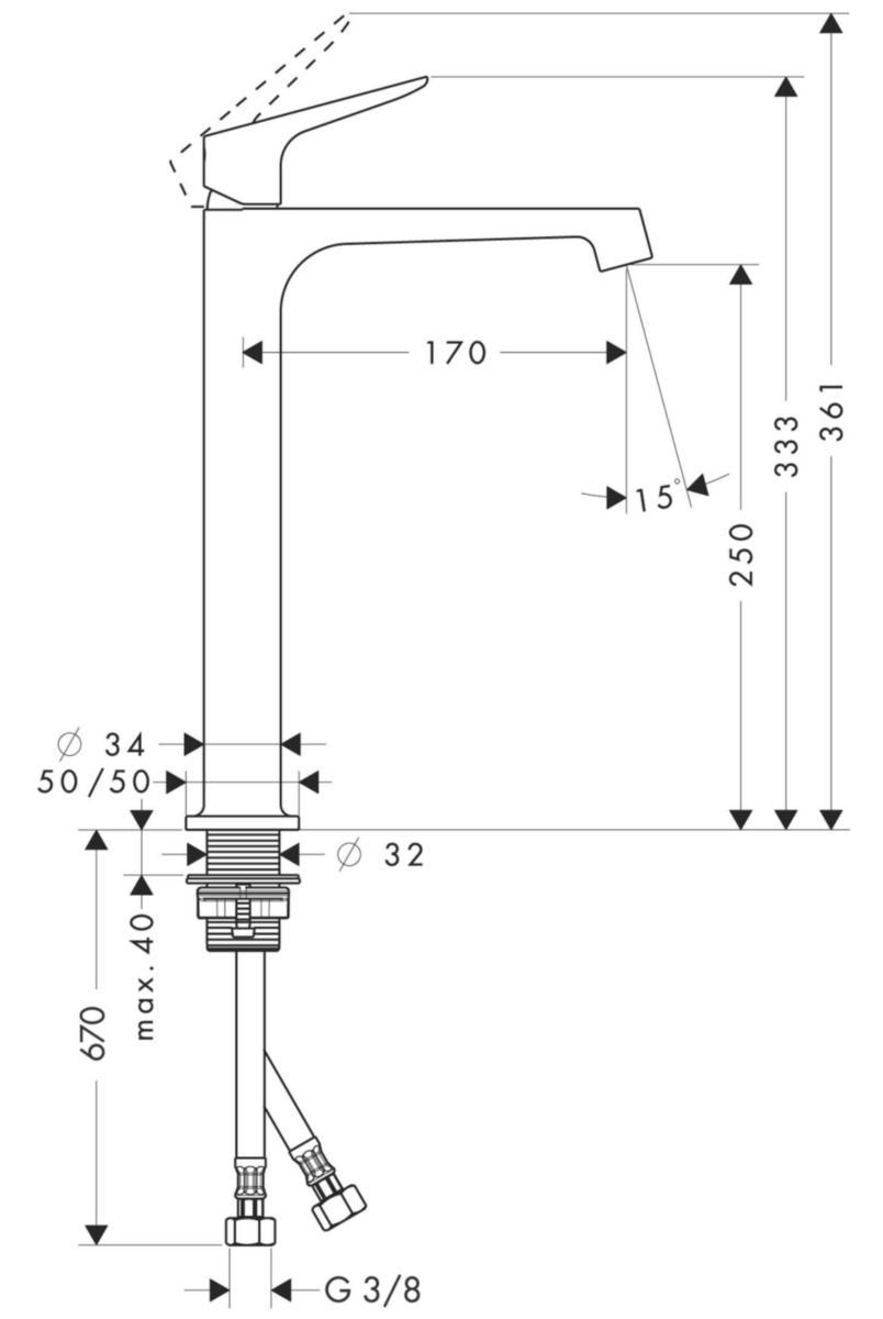 Mitigeur de lavabo CITTERIO M surélevé pour vasque libre, sans garniture de vidage, chromé réf. 34127000