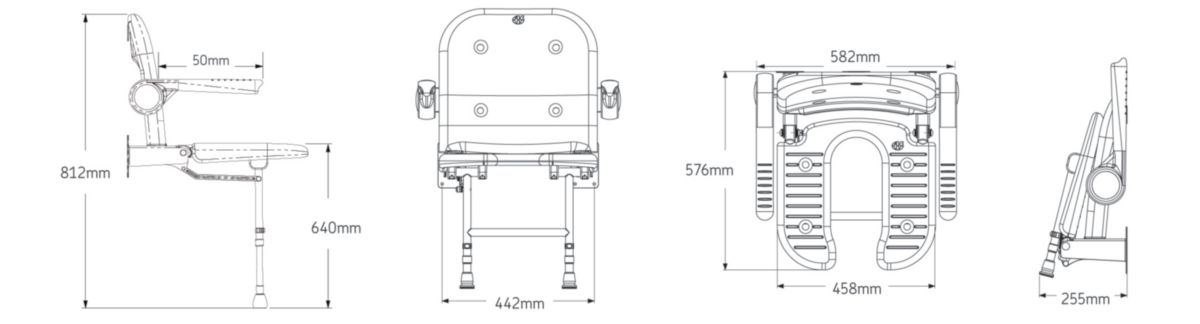 Siège de douche rabattables Série 4000 rembourré en U avec dossier et accoudoirs 582 x 485 x 640 mm, gris réf. 04260P