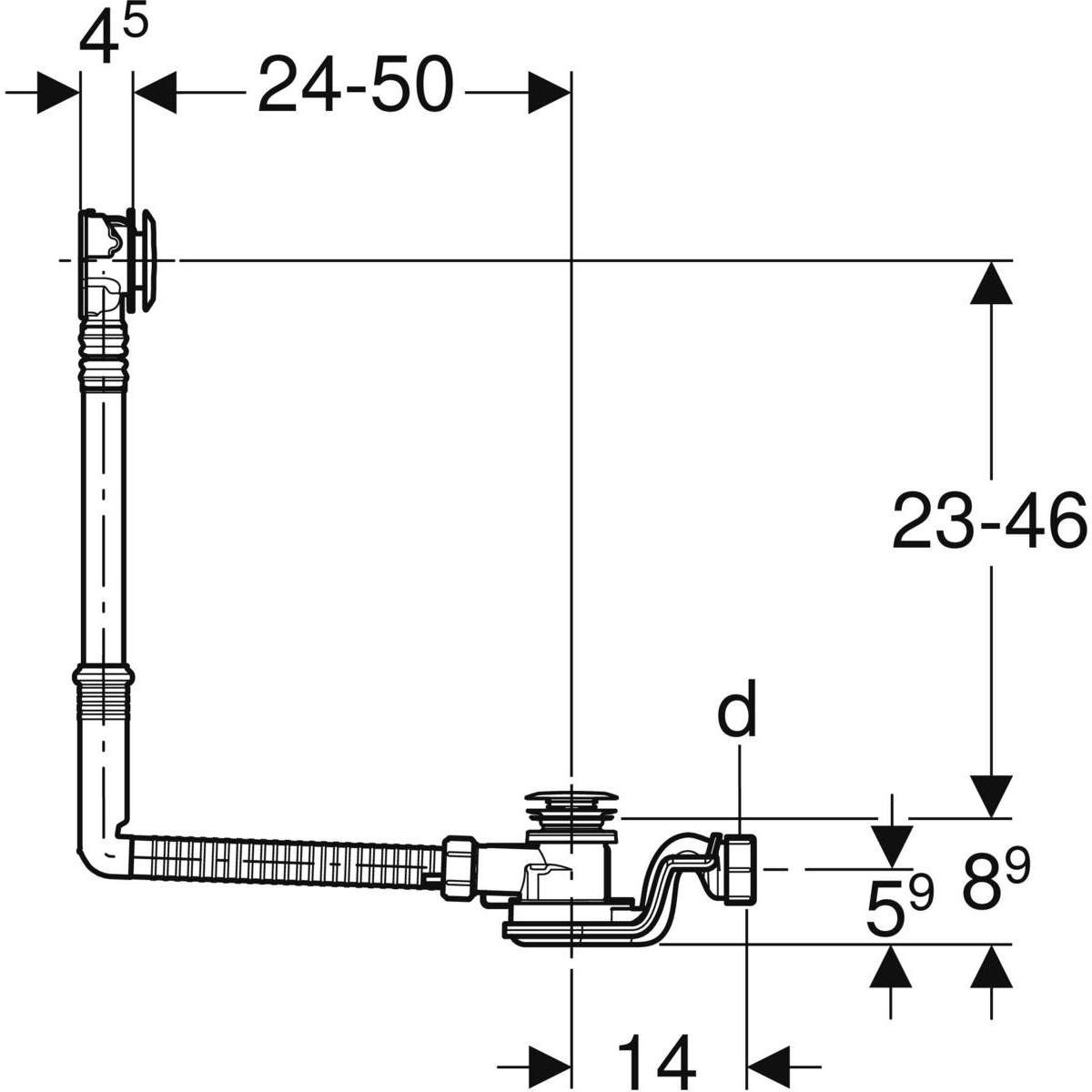 Vidage de baignoire Geberit à déclenchement par pression PushControl, d52, longueur 50 cm, avec kit de finition, avec rallonge horizontale: Chromé brillant