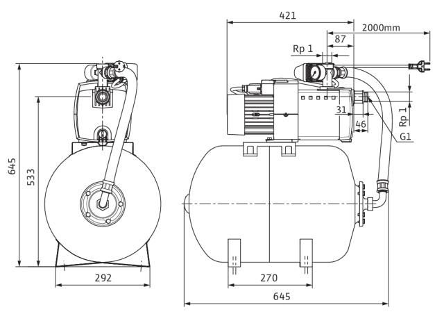 Groupe de surpression HiMulti 3 H 2,936m3/h kW monophasé (230 V, 50 Hz) avec réservoir de 50 L Ref.2549340