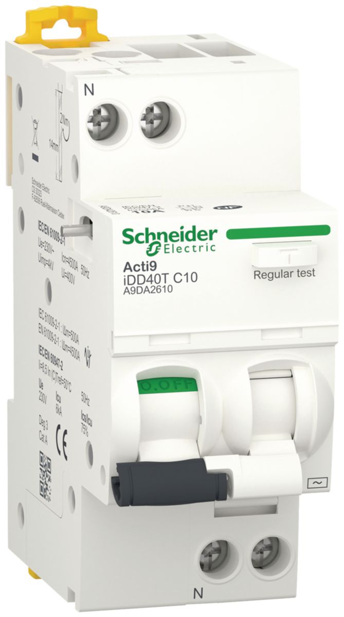 Acti9 iDD40T - disjoncteur différentiel - 1P+N C 10A 4500A/6kA 300mA type AC NF conformément à IEC 601009-2-1 et pdc 6kA Icu selon à IEC 60947-2 - 230 240 V AC 50 Hz - Rail DIN - largeur 8 pas de 9mm Réf. A9DA6610