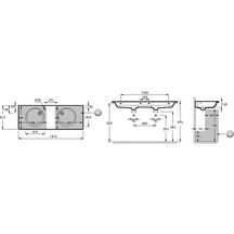 Plan-vasque céramique meulé, double cuve, à installer sur meuble ODEON RIVE GAUCHE, L141 x P51,2 cm, autoportant, livré sans bonde, percé 2 trous Réf. EXAS112-Z-00