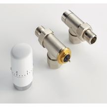 Kit de robinetterie thermostatique équerre inversée 1/2'' avec robinet équerre inversée et coude de réglage, tête thermostatique design blanche, raccords Cuivre 14x1, PER 12x1 - Kit nickelé Réf. 841108