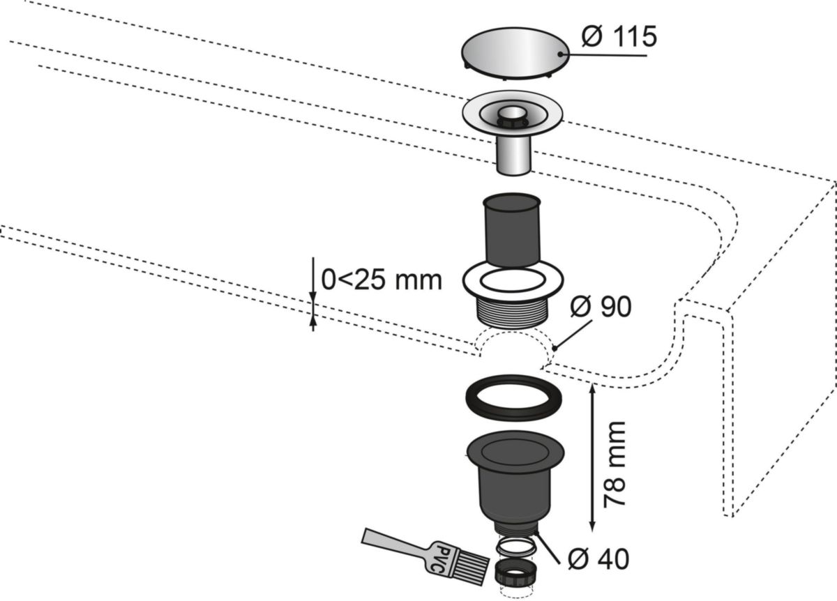 Bonde de douche Altech D90 verticale dôme métal