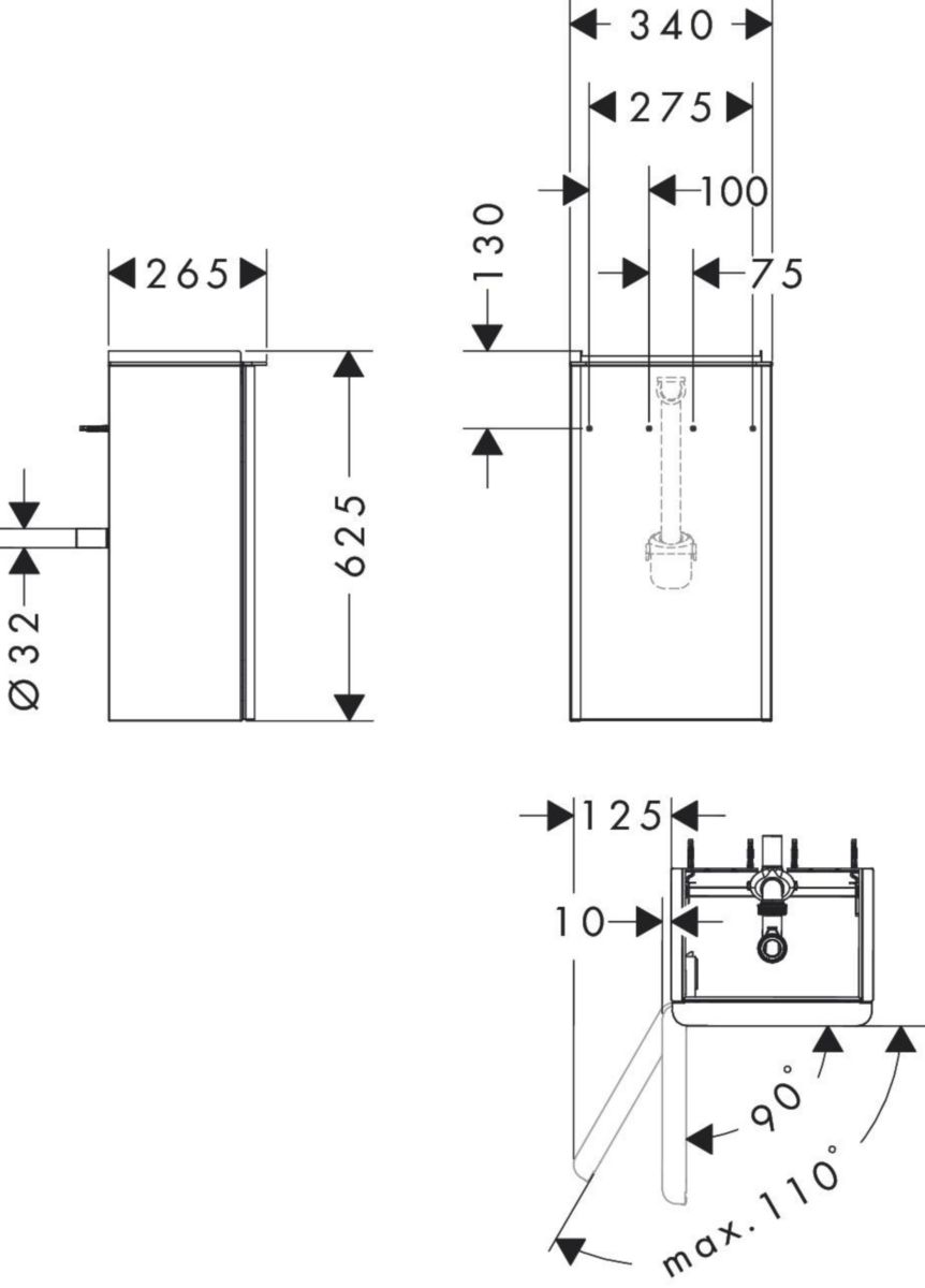 hansgrohe Xelu Q Meuble bas pour lave-mains 340/245, caisson Noyer foncé, charnière de porte gauche, Finition de la poignée: Noir mat