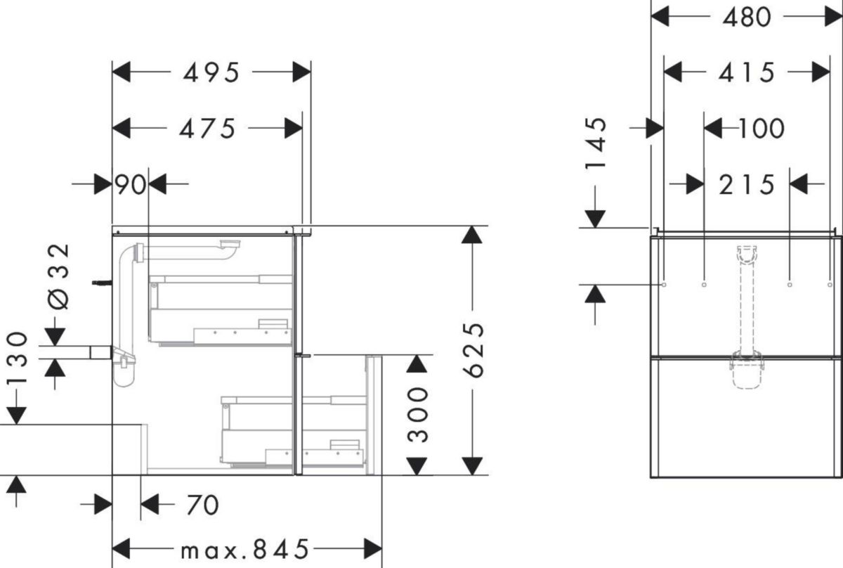 hansgrohe Xelu Q Meuble bas pour lave-mains 480/475 avec 2 tiroirs, caisson Chêne clair naturel, Finition de la poignée: Blanc mat