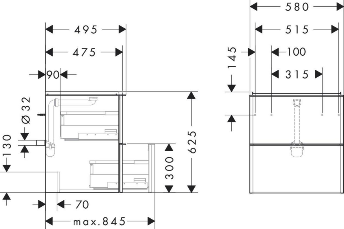 hansgrohe Xelu Q Meuble bas pour plan vasque 580/475 avec 2 tiroirs, caisson Noyer foncé, Finition de la poignée: Blanc mat