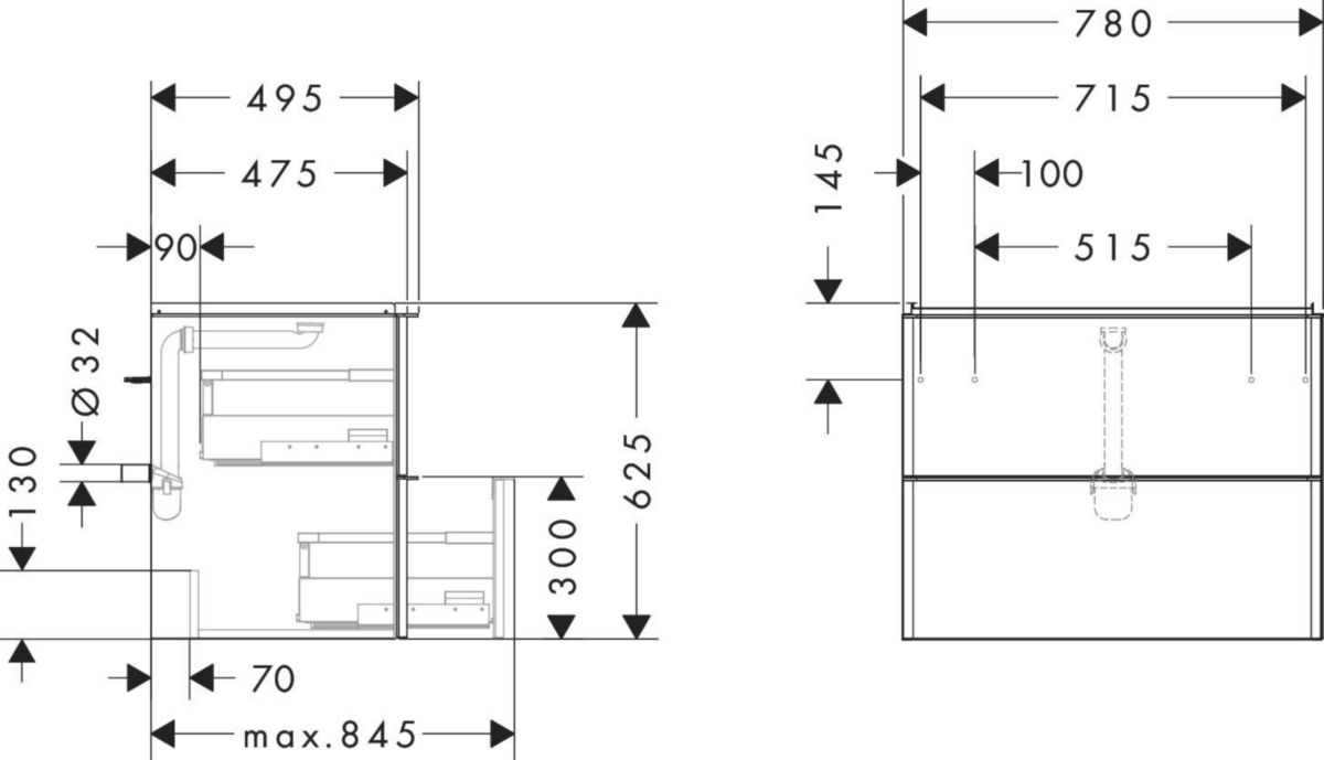 hansgrohe Xelu Q Meuble bas pour plan vasque 780/475 avec 2 tiroirs, caisson Noyer foncé, Finition de la poignée: Noir mat