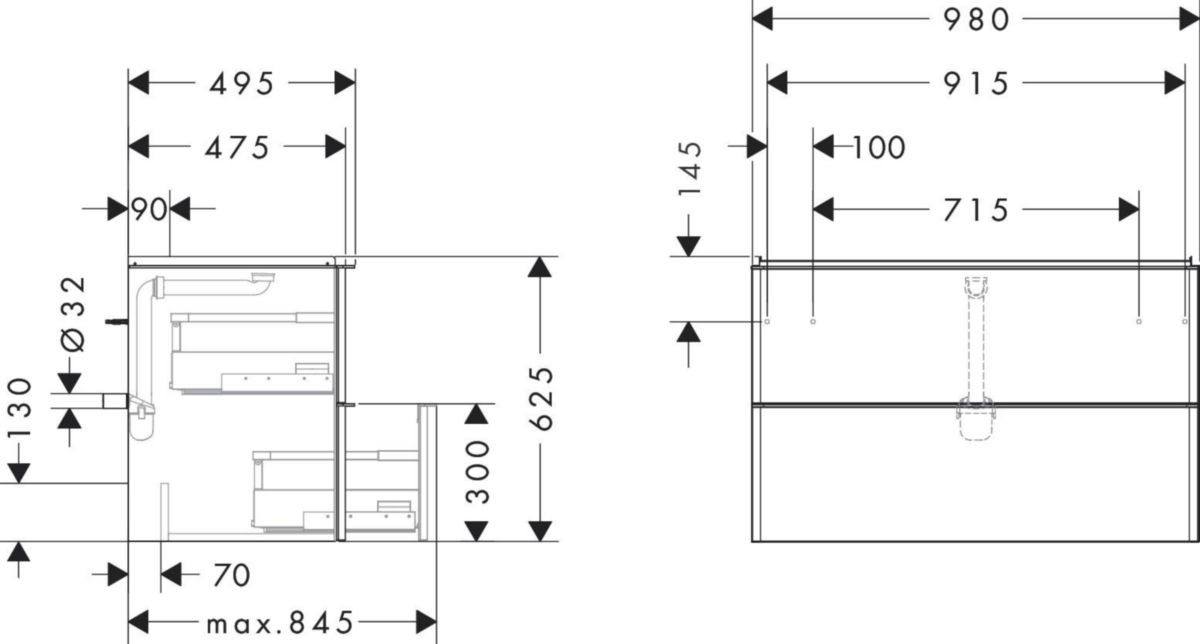 hansgrohe Xelu Q Meuble bas pour plan vasque 980/475 avec 2 tiroirs, caisson Blanc brillant, Finition de la poignée: Noir mat