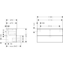 hansgrohe Xelu Q Meuble bas pour plan vasque 1180/475 avec 2 tiroirs, caisson Gris mat, Finition de la poignée: Noir mat