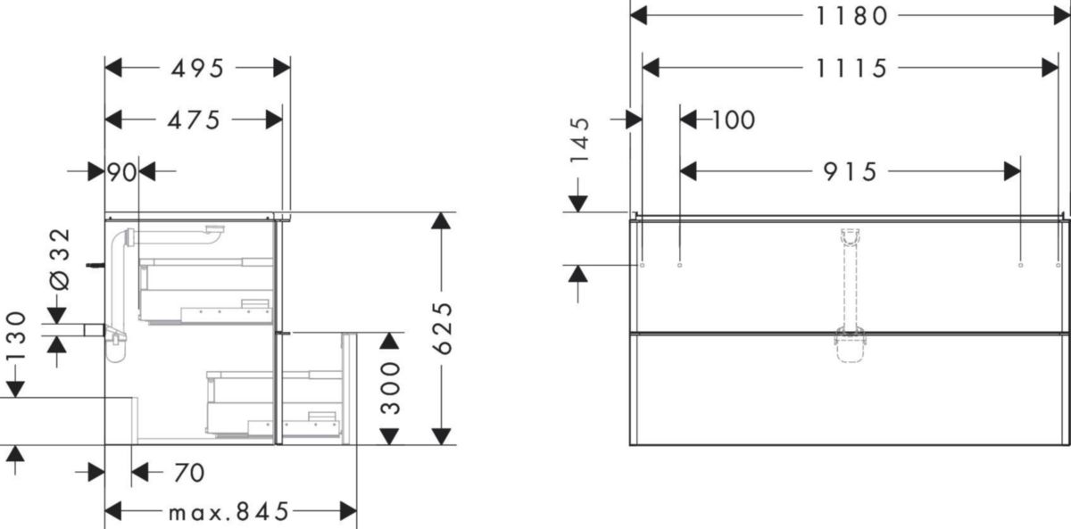 hansgrohe Xelu Q Meuble bas pour plan vasque 1180/475 avec 2 tiroirs, caisson Gris mat, Finition de la poignée: Noir mat