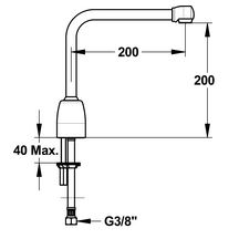 Rejet à bec fixe démontable s200 mm h200 mm. Intérieur lisse. Adapté pour la pose de fltre terminal. Brise-jet étoile M24X1. Flexibles SPEX tressé inox M10X1, EP G'3/8, Lg 350 mm. Résistant aux chocs thermiques et chlorés.