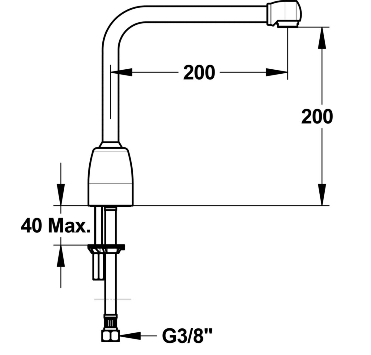 Rejet à bec fixe démontable s200 mm h200 mm. Intérieur lisse. Adapté pour la pose de fltre terminal. Brise-jet étoile M24X1. Flexibles SPEX tressé inox M10X1, EP G'3/8, Lg 350 mm. Résistant aux chocs thermiques et chlorés.