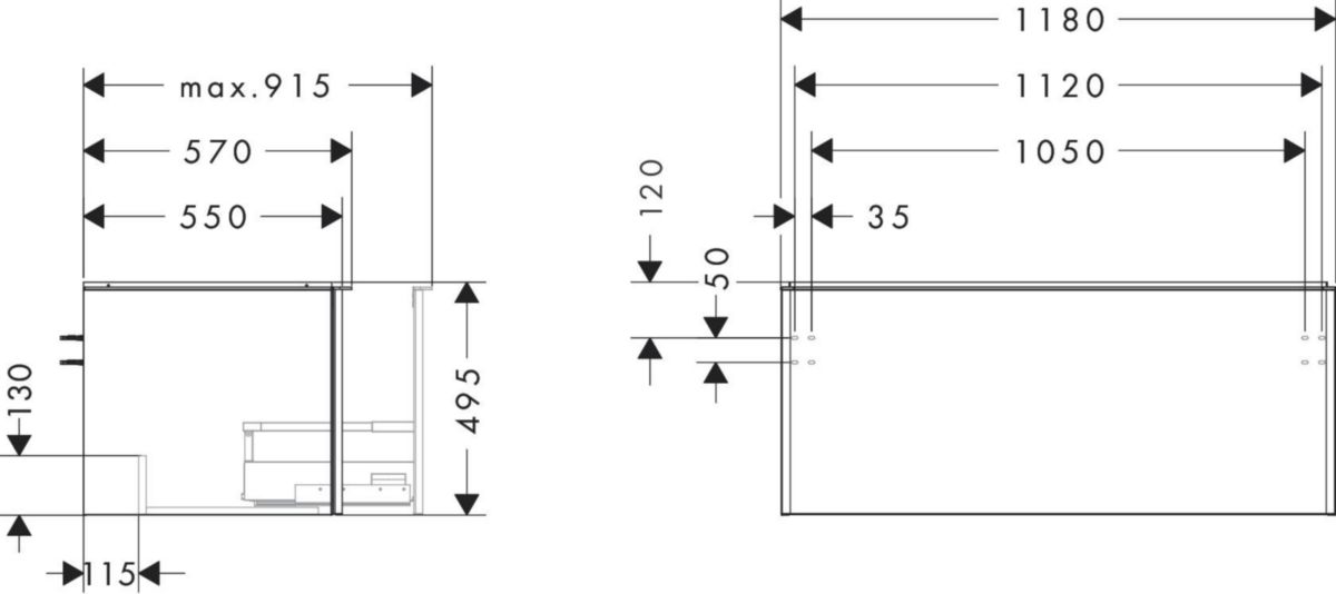 hansgrohe Xelu Q Meuble bas 1180/550 pour lavabo à poser Xelu Q avec 1 tiroir, caisson Blanc brillant, Finition de la poignée: Noir mat