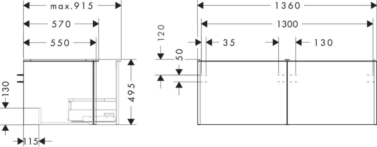 hansgrohe Xelu Q Meuble bas 1360/550 pour lavabo à poser Xelu Q avec 2 tiroirs, caisson Chêne clair naturel, Finition de la poignée: Blanc mat