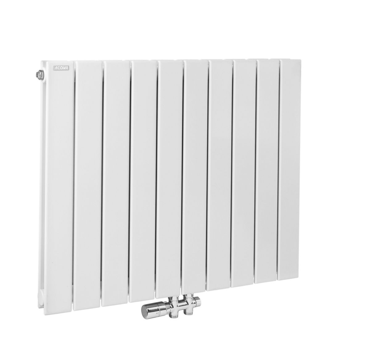 Radiateur eau chaude Acova Fassane Prem's horizontal double, à éléments verticaux, 624 W (dT50), Haut. 600 mm, Larg. 592 mm, 8 éléments, racc. 4orifices par le bas, entraxe 50mm centré&excentré, A/R réversible, Blanc RAL 9016 Réf. SHXD-060-059