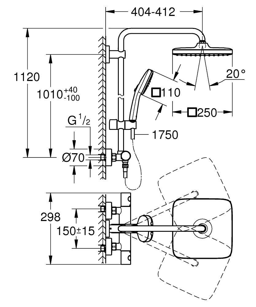 Colonne de douche Tempesta Cube 250 9,5l mitigeur thermostatique Chromé Réf. 26690001