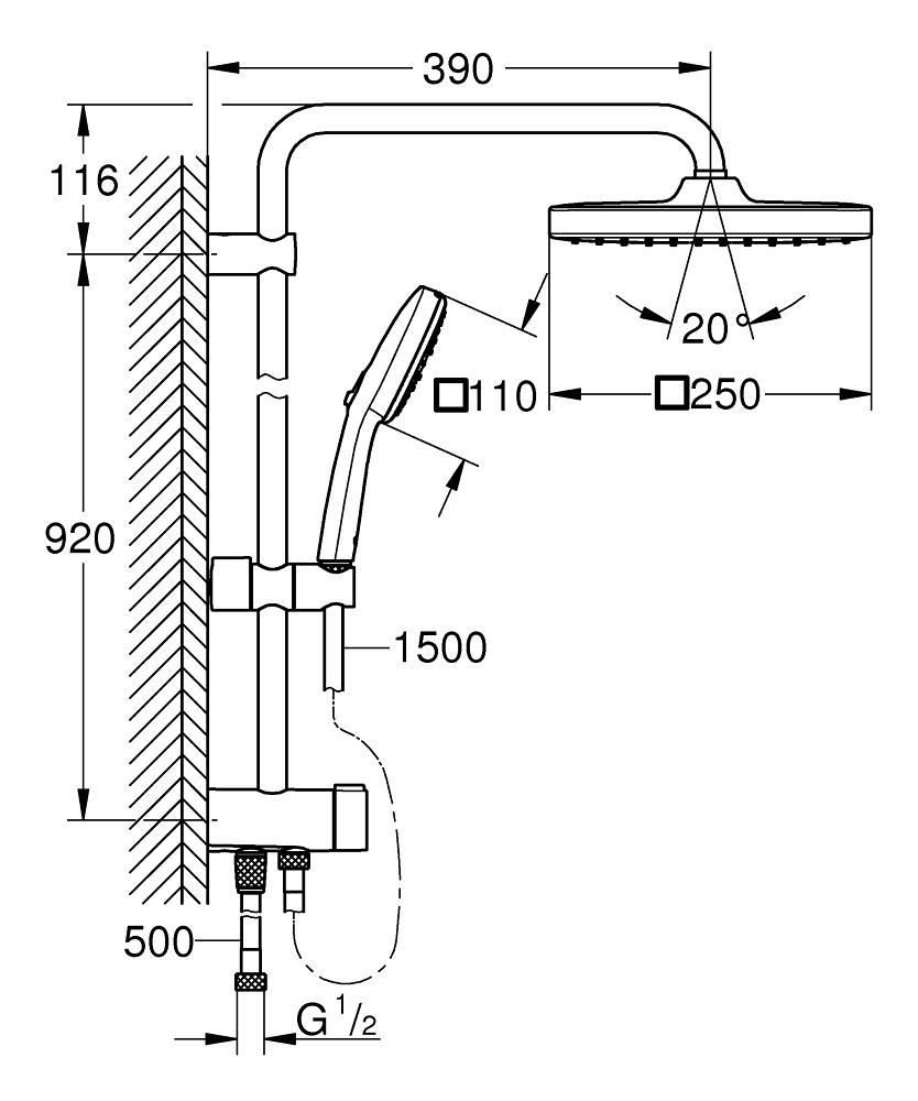 Colonne de douche Tempesta Cube 250 9,5l barre 900 avec inverseur Chromé Réf. 26694001