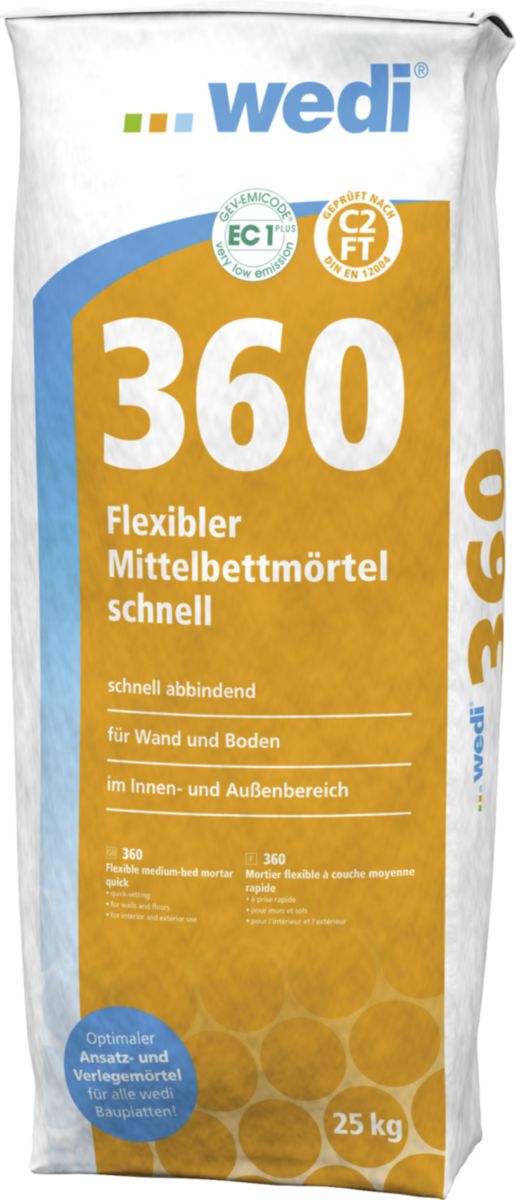 wedi 360 Mortier colle flexible à prise rapide, sac de 25kg. Il convient parfaitement aux applications de panneaux de construction wedi sur des plots avec chevillage consécutif