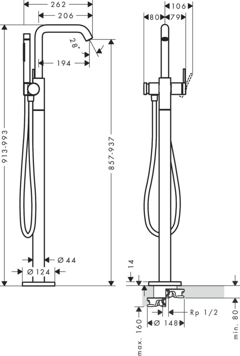 hansgrohe Tecturis S Mitigeur de baignoire encastré, sur pied, avec douchette, Blanc mat