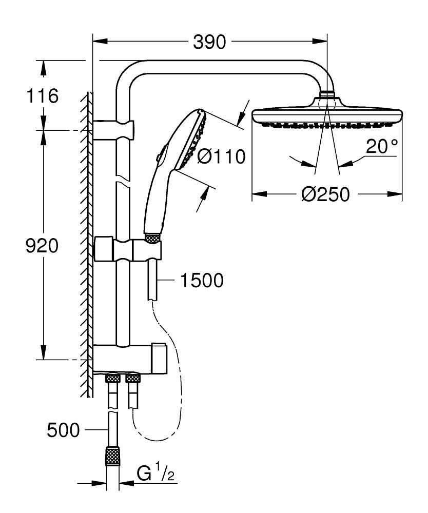 Tempesta 250 Colonne de douche 9,5l barre 900 avec inverseur Chromé Réf. 26675001