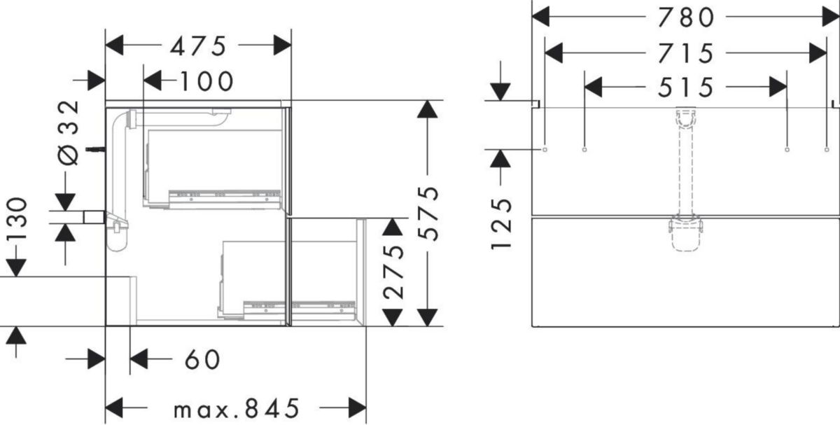 hansgrohe Xevolos E Meuble bas pour plan vasque 780/475 avec 2 tiroirs caisson Beige mat, Façade: Bronze texturé