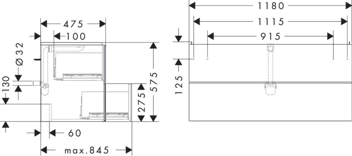 hansgrohe Xevolos E Meuble bas pour plan vasque 1180/475 avec 2 tiroirs caisson Blanc mat, Façade: Chêne foncé