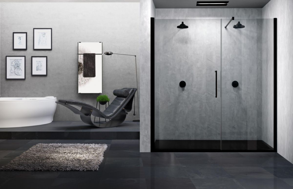 Porte de douche pivotante avec un fixe en alignement Young Gfl 117 extensibilité 117-121Cm verre trempé transparent profilés noir Réf : Y2GFL117-1H