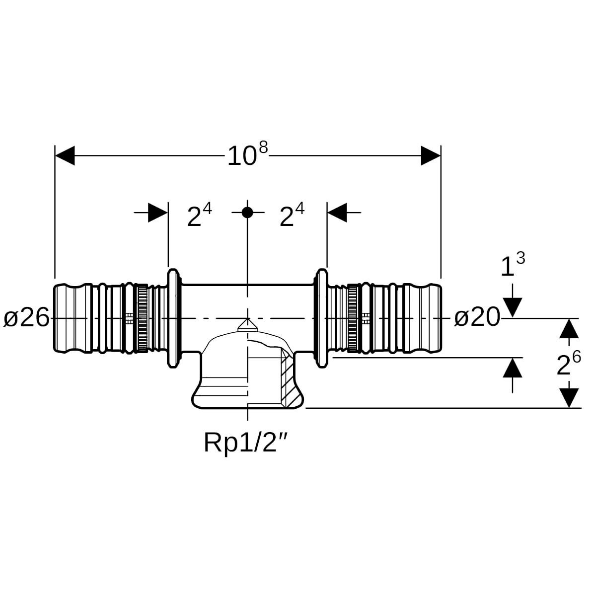 Té mixte avec raccord central D26 Réf 613.361.00.5