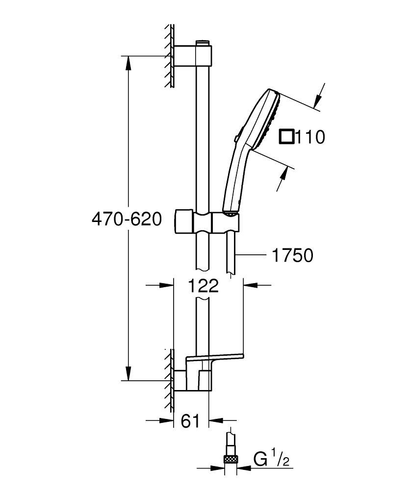 Ensemble de douche 3 jets 8l barre 600 mm et tablette Tempesta Cube 110 Chromé Réf. 27576003