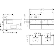 hansgrohe Xevolos E Meuble bas pour double lavabo à poser Xevolos E 1370/550 avec 4 tiroirs caisson Blanc mat, Façade: Bronze texturé