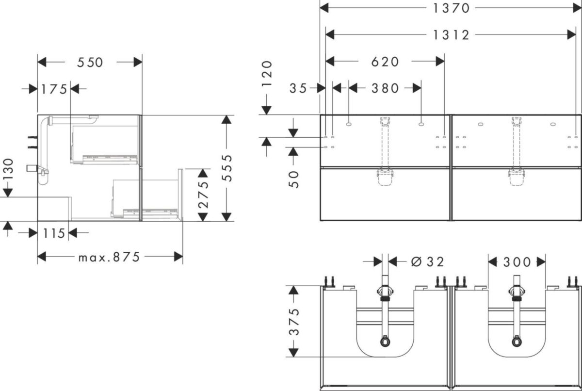 hansgrohe Xevolos E Meuble bas pour double lavabo à poser Xevolos E 1370/550 avec 4 tiroirs caisson Blanc mat, Façade: Bronze texturé