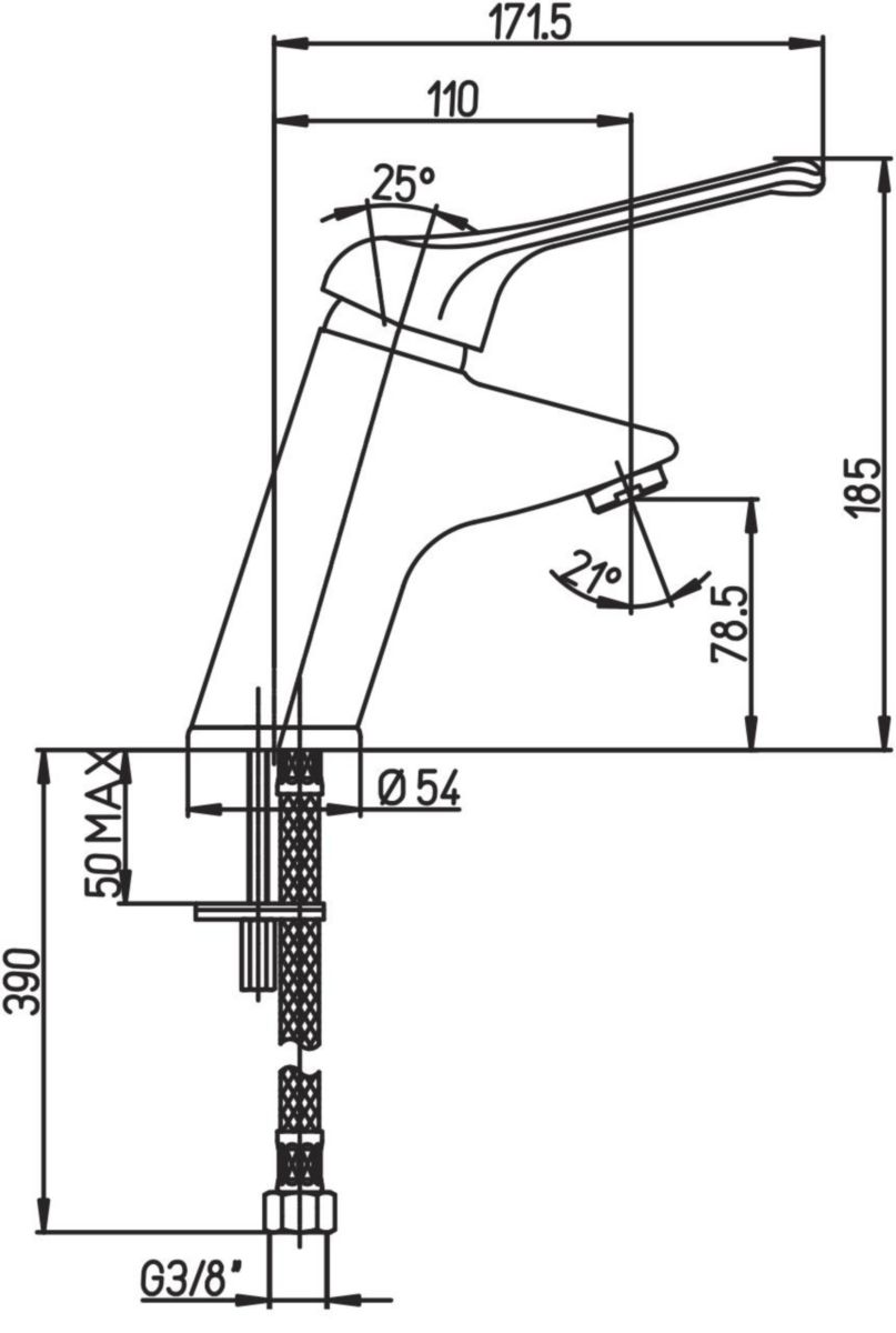 Mitigeur de lavabo à bec fixe hauteur sous bec 78,5 mm, saillie 110 mm. Manette ajourée sans vidage. Cartouche céramique diamètre 40 mm. Flexibles SPEX M10X1, raccordement EP G 3/8'', longueur 450 mm. Brise-jet étoile M24X1