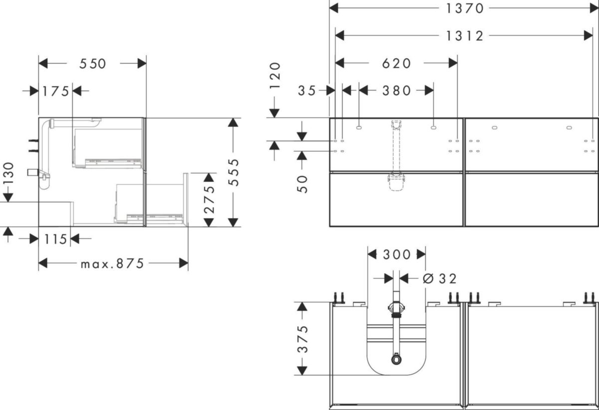 hansgrohe Xevolos E Meuble bas 1370/550 pour lavabo à poser Xevolos E à gauche avec 4 tiroirs caisson Beige mat, Façade: Chêne foncé